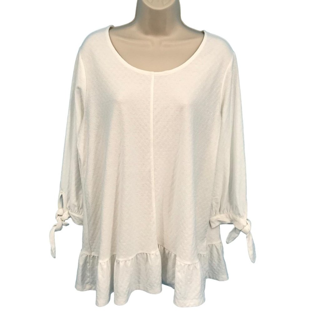 NWT Style & Co Womens Cream 3/4 Tie Sleeve Ruffle Scoop Neck Blouse Size OX - Picture 1 of 7